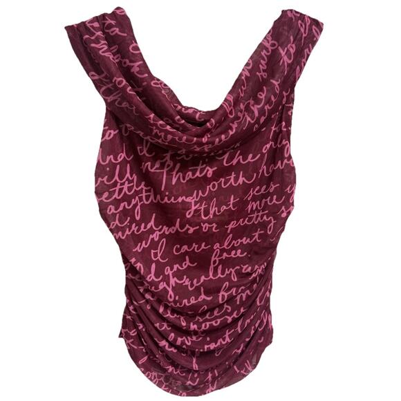 Maeve Anthropologie Mesh Script Print Draped Cowl Neck Ruched Tank Top S - Picture 2 of 8